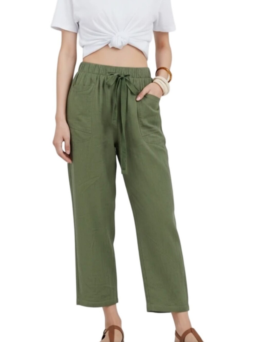 J. Crew Lightweight Olive Linen Blend Drawstring Pull On Comfy Pants Size 5